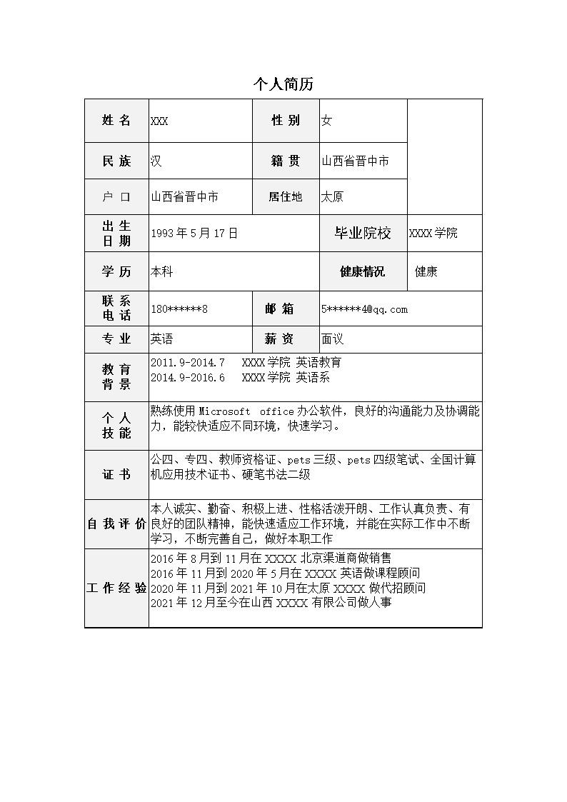 8693_人事人资人力资源管理类岗位求职简历模板  - 人力资源简历模板